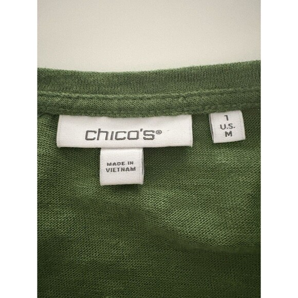 Chicos Linen Top Size M Green Ruffle Flutter Sleeve Relaxed Fringe Preppy Forest - Picture 7 of 16